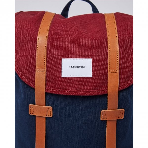 Sandqvist Stig Backpack multi navy / burgundy with cognac brown leather backpack
