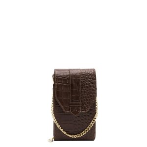 MOSZ Phone Bag Large Plain Croco dark brown/shiny light gold Damestas